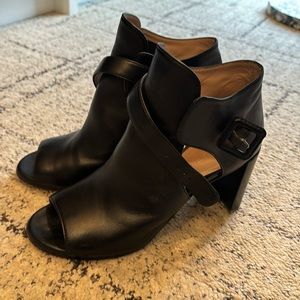 Stuart Weitzman Block Heel Black Leather Peep Toe